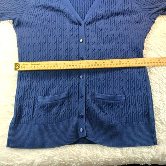 Talbots Prima Cotton Cable Knit Button Down Sweater Short Sleeve V-NECK Blue L.. - Picture 6 of 8